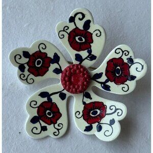 Unbranded Red & White Floral Pattern Shirt Pin 2.5" Diameter